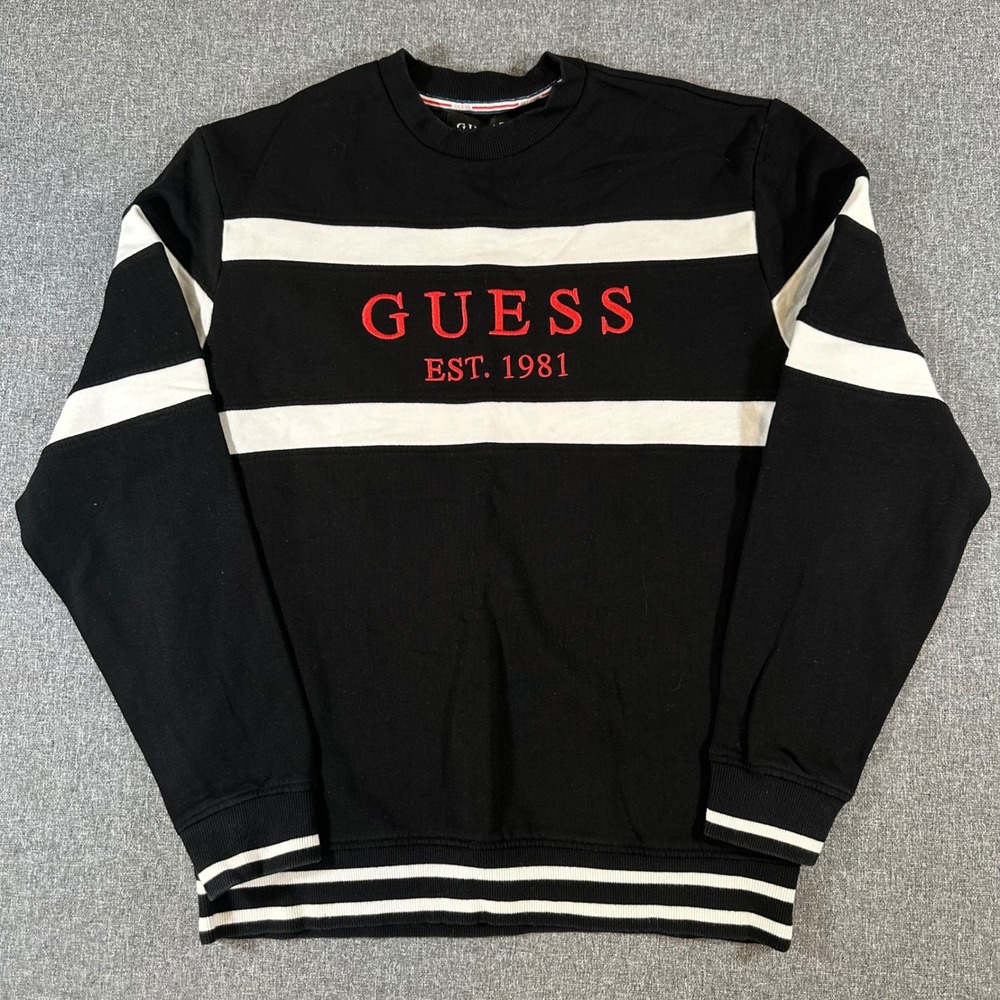 Guess Los Angeles Mens Crewneck Sweatshirt Black Striped Red Logo Large SM91Q23K